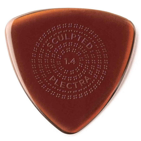 The image shows a triangular guitar pick with a translucent amber or tortoiseshell color. It features embossed text: "SCULPTED" at the top, "PLECTRA" at the bottom, and "1.4" in the center indicating thickness (1.4mm). The surface has a textured pattern of raised dots around the text for grip, highlighting its premium design to prevent slipping during play.