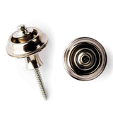 The image shows a pair of guitar strap locks, including a chrome-plated strap button with a screw (left) and a circular strap lock receiver (right). These accessories securely attach a guitar strap to prevent accidental release during play. The locking mechanism offers better security than standard buttons, ideal for active performers. The chrome finish provides a professional look that complements most guitar hardware.
