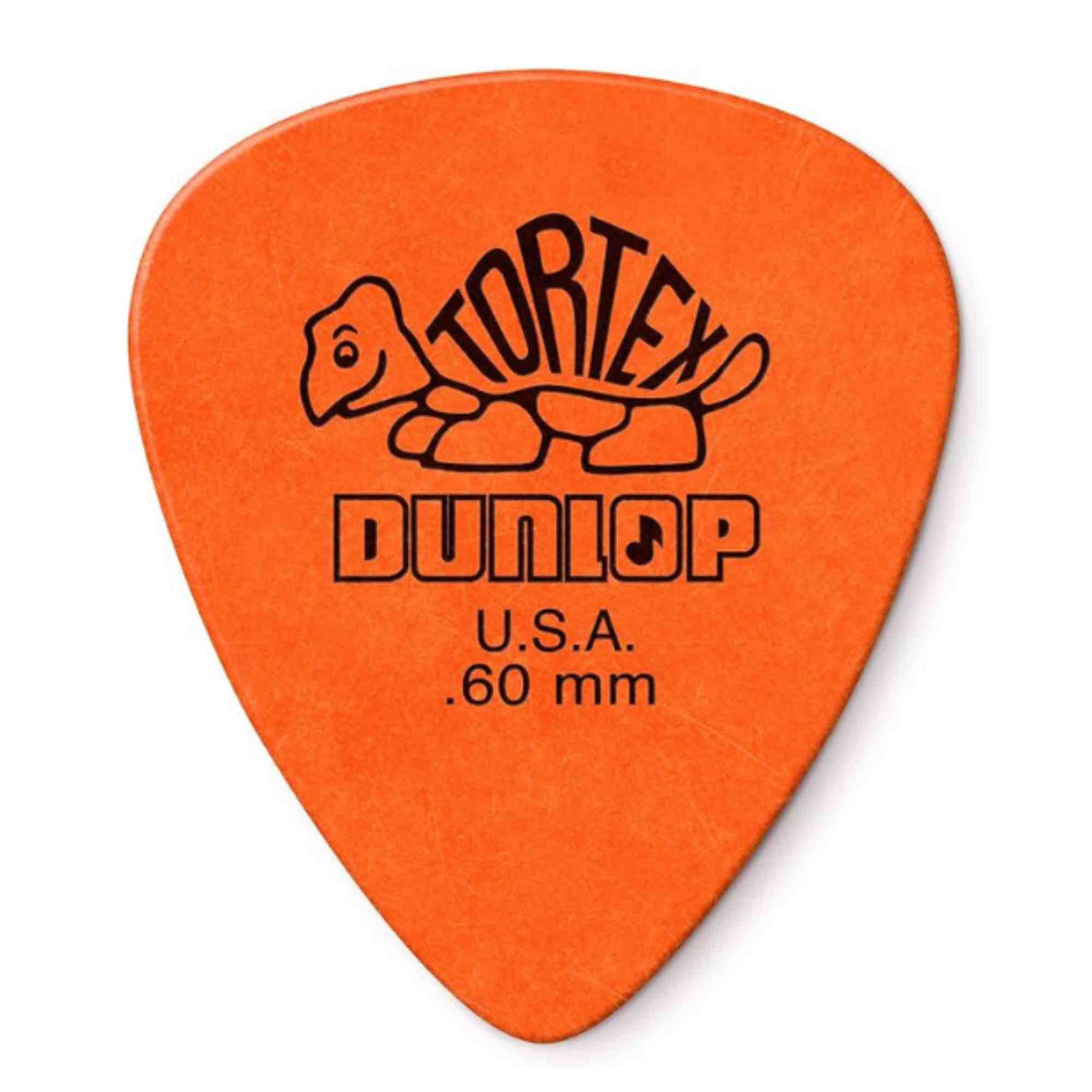 The image shows an orange Dunlop Tortex guitar pick. It features the Dunlop brand name, turtle logo, and "TORTEX" text, indicating its durable polymer material. The pick is 0.60mm thick, a medium-light gauge suited for strumming, and marked "Made in U.S.A." Orange represents this thickness in Dunlop's color-coding system.