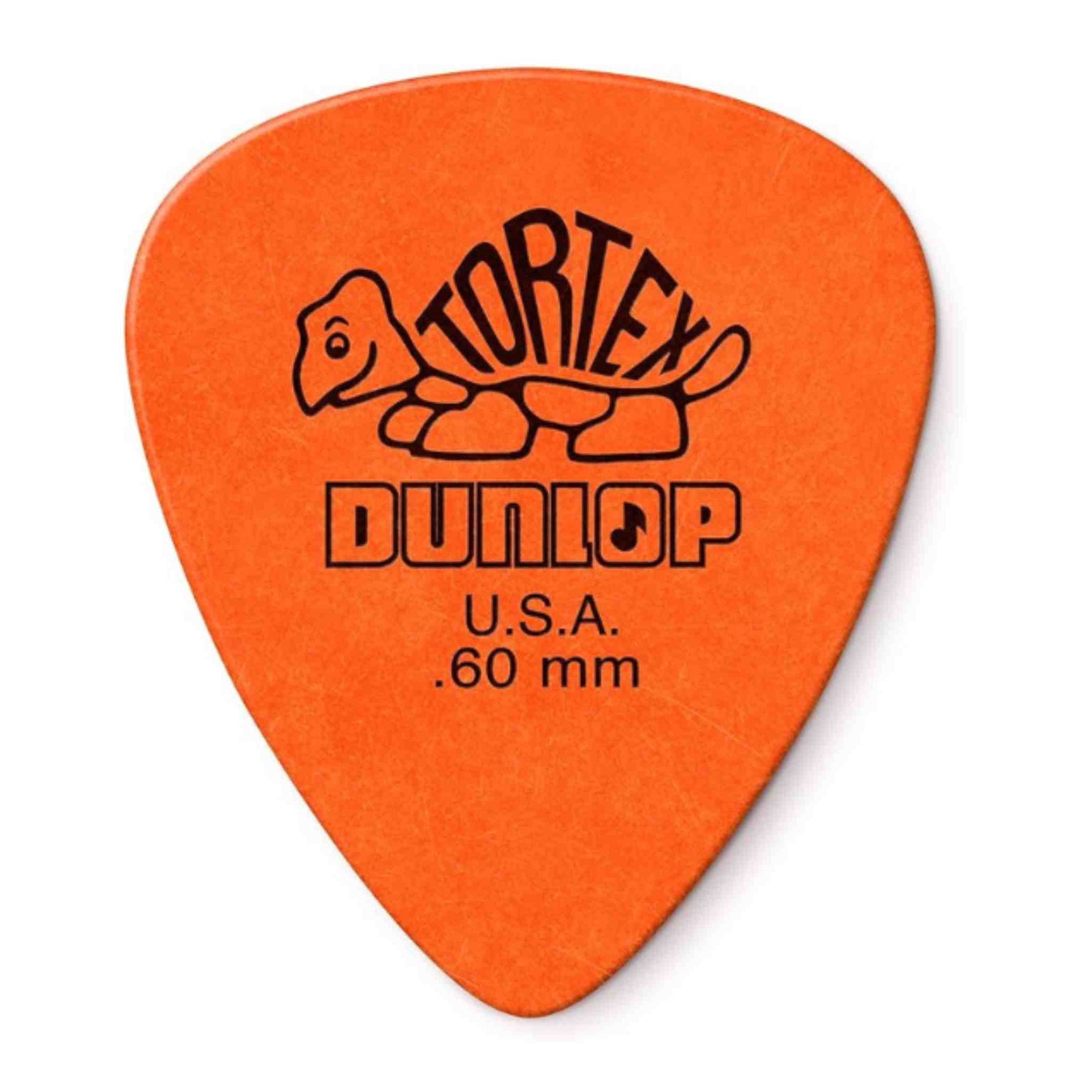 The image shows an orange Dunlop Tortex guitar pick. It features the Dunlop brand name, turtle logo, and "TORTEX" text, indicating its durable polymer material. The pick is 0.60mm thick, a medium-light gauge suited for strumming, and marked "Made in U.S.A." Orange represents this thickness in Dunlop's color-coding system.