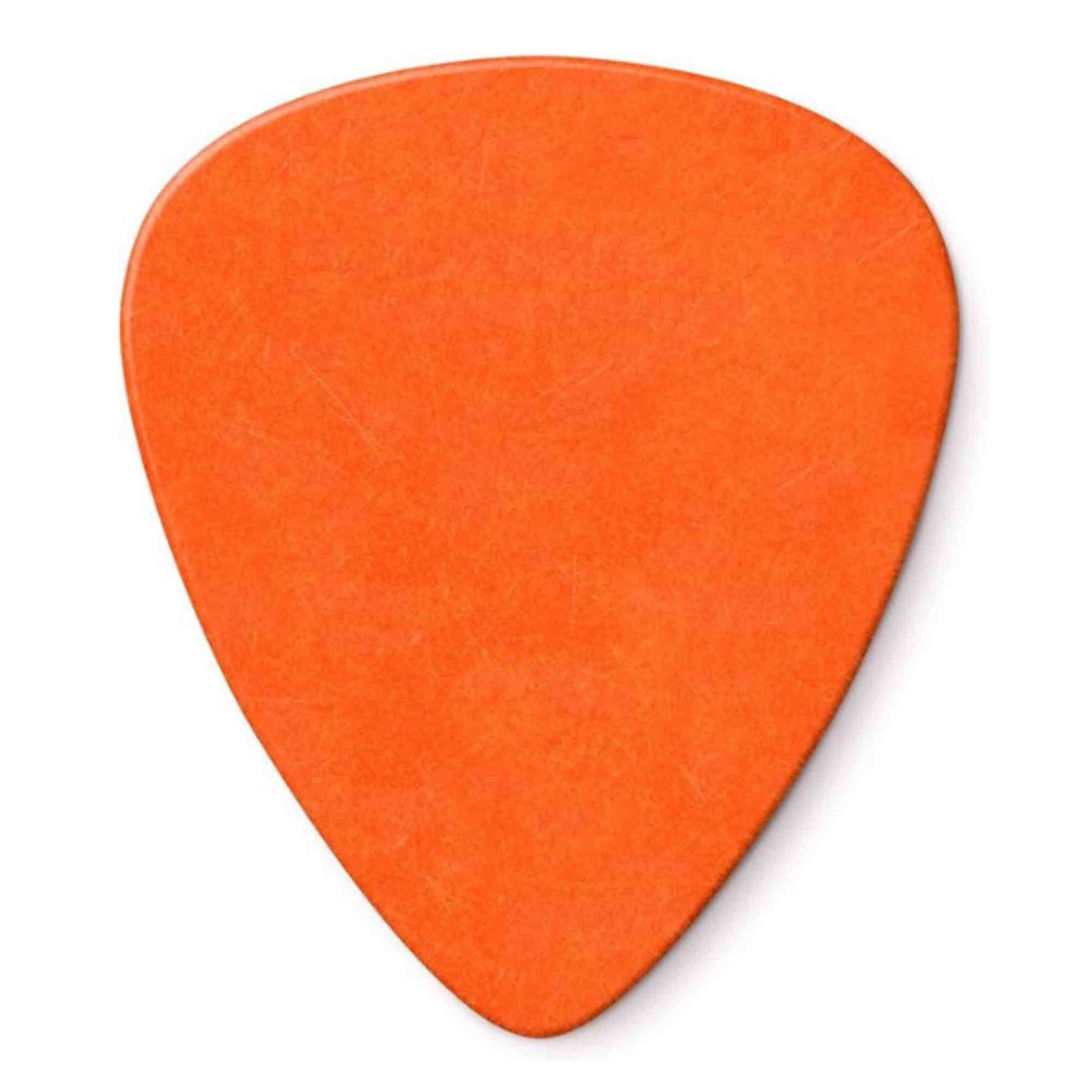 The image shows a bright orange, teardrop-shaped guitar pick with a smooth, matte finish. Made of plastic or nylon, it is a common accessory used by guitarists to pluck or strum strings. Its vibrant color makes it easy to spot, and guitar picks like this come in various thicknesses to offer different tonal qualities and playing feels.