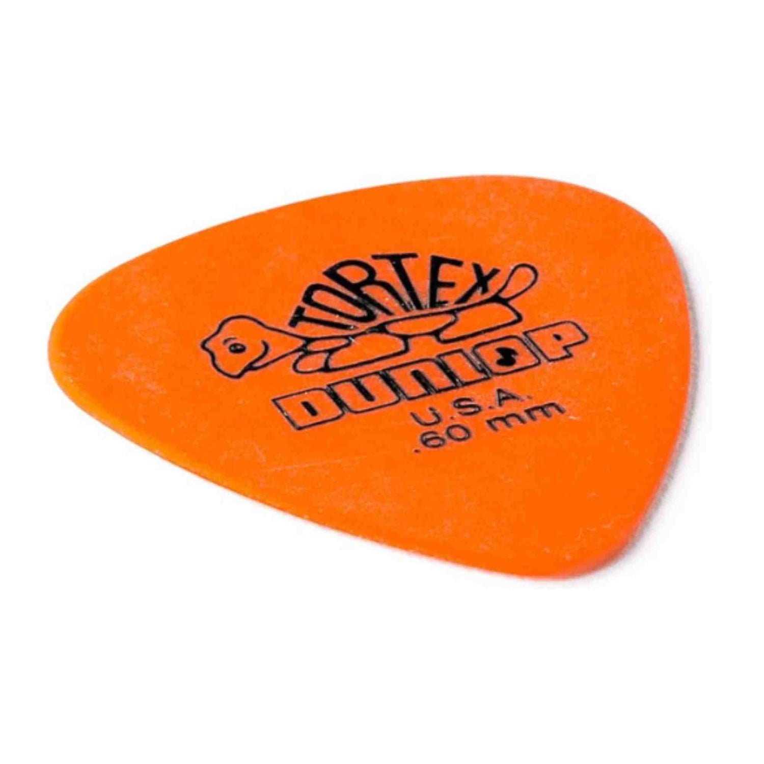The image shows a bright orange Dunlop Tortex guitar pick with a .60mm thickness. It features Dunlop’s turtle logo and is made in the U.S.A. This light-to-medium gauge synthetic pick mimics tortoiseshell, offering good grip, durability, and balanced tone, suitable for both acoustic and electric guitar playing. The orange color corresponds to this specific thickness in Dunlop’s color-coding system.