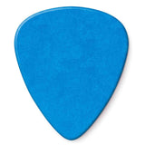 The image shows a bright blue guitar pick with a classic teardrop shape, featuring a rounded top and pointed bottom. Made of smooth plastic, the pick has a solid blue finish. Guitar picks, also called plectrums, are essential for strumming or plucking guitar strings and come in various materials, thicknesses, and colors to help musicians achieve different tones and styles.