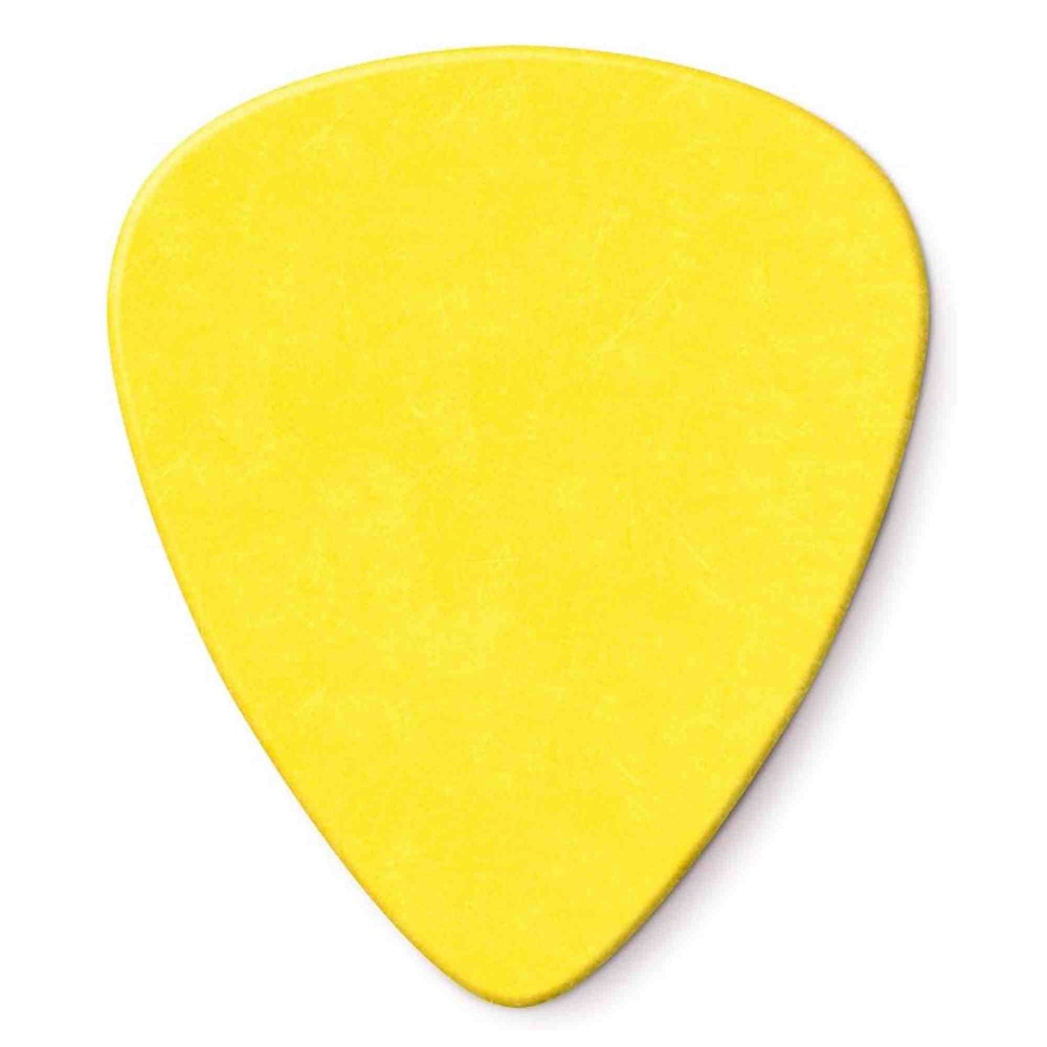 The image shows a bright yellow guitar pick, also called a plectrum, with the classic teardrop shape. Made of plastic, it is a common and durable accessory used to pluck or strum guitar strings. This medium-thickness pick offers versatile control and tone, suitable for both rhythm and lead guitar playing.