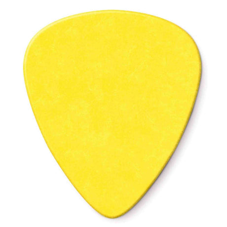 The image shows a bright yellow guitar pick, also called a plectrum, with the classic teardrop shape. Made of plastic, it is a common and durable accessory used to pluck or strum guitar strings. This medium-thickness pick offers versatile control and tone, suitable for both rhythm and lead guitar playing.