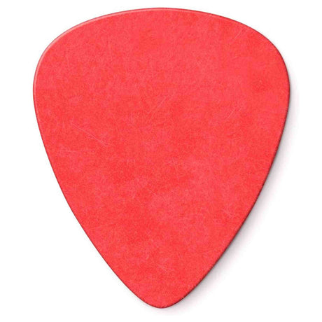 The image shows a classic teardrop-shaped guitar pick in bright red/coral with a smooth, matte finish. It has the typical shape, wider at the top and tapering to a rounded point. Made of standard plastic, this durable pick is commonly used by guitarists to pluck or strum strings, providing a consistent playing feel.