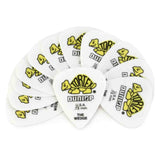 The image shows a collection of white Dunlop Tortex guitar picks featuring the yellow turtle logo. These "THE WEDGE" style picks are 0.73 mm thick, made in the USA, and known for their durability and grip. The multi-pack is designed for guitarists who need reliable picks with a unique wedge shape for a different playing feel.