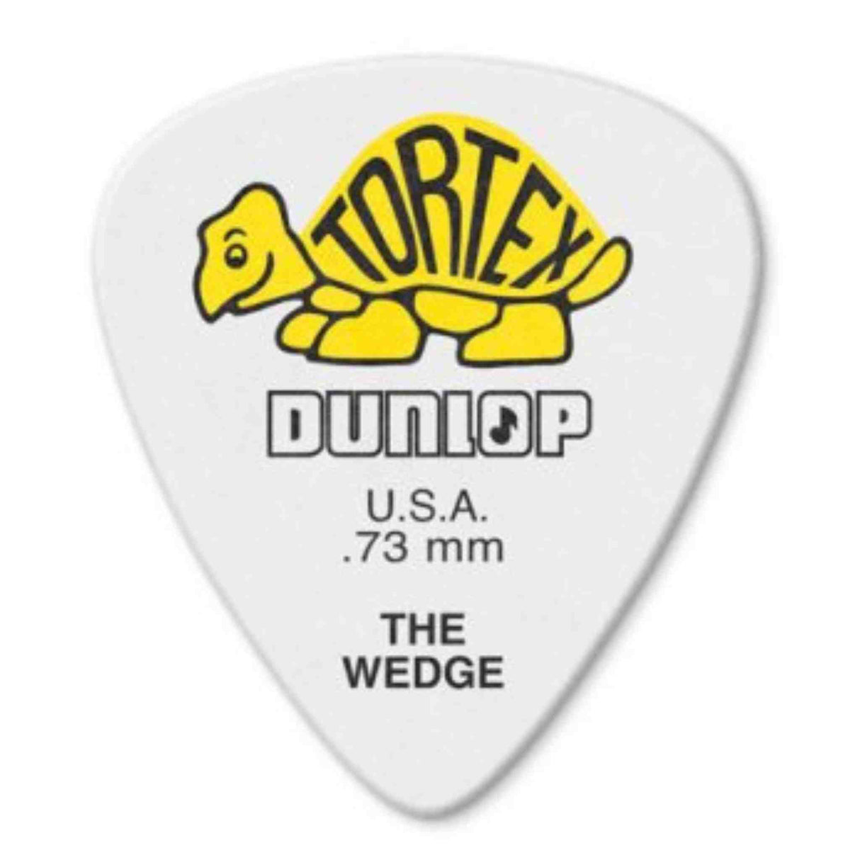 The image shows a Dunlop Tortex guitar pick from "The Wedge" series. It features a yellow turtle logo, "DUNLOP" branding, "U.S.A." marking, and ".73 mm" thickness, indicating a medium gauge. Known for durability, grip, and tone, this wedge-shaped pick offers a comfortable hold and smooth play. The yellow color helps quickly identify its thickness in Dunlop’s color-coded system.