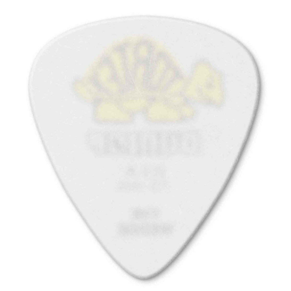 The image shows a white or off-white teardrop-shaped guitar pick (plectrum) with faint, unreadable text or a logo in the center. Guitar picks are common accessories used to pluck or strum strings and come in various thicknesses, materials, and designs to match different playing styles and tones.