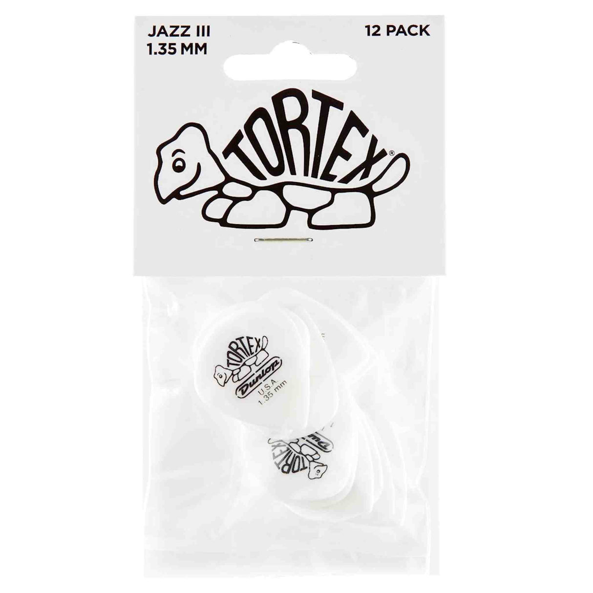 The image shows a 12-pack of Dunlop Tortex Jazz III guitar picks, each 1.35mm thick. The packaging displays the Tortex turtle logo, visible on the white/clear picks inside. Known for durability and grip, these small, pointed Jazz III picks offer precise control and a bright attack, favored by lead guitarists and players seeking a firm, fast-playing pick.