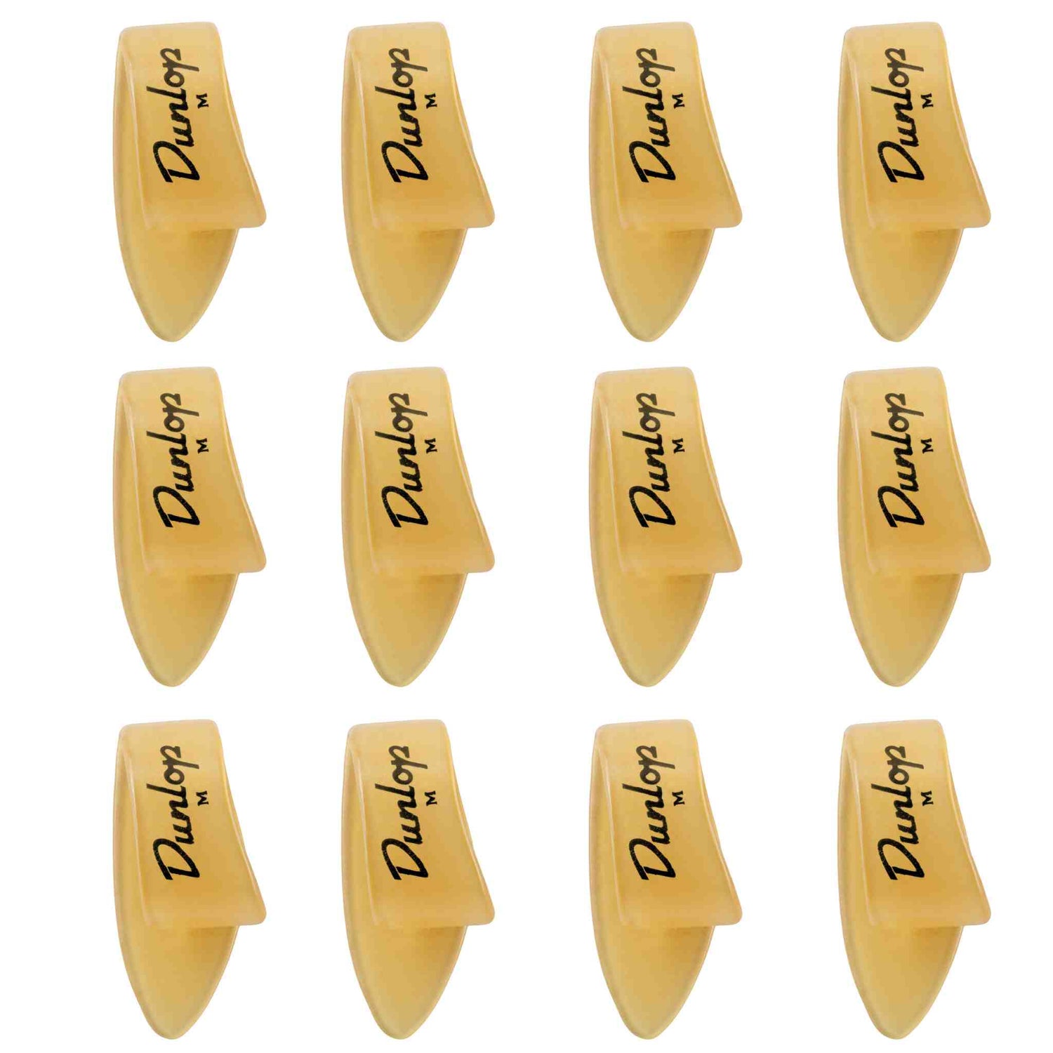 The image shows 12 Dunlop guitar picks arranged in a 3x4 grid. Each pick features the Dunlop logo and an "M," indicating medium thickness. They have a classic teardrop shape with pointed tips and are made of translucent amber-colored material, likely celluloid. These picks are popular guitar accessories used for strumming and picking, known for quality and precision.