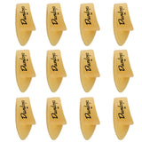 The image shows 12 Dunlop guitar picks arranged in a 3x4 grid. Each pick features the Dunlop logo and an "M," indicating medium thickness. They have a classic teardrop shape with pointed tips and are made of translucent amber-colored material, likely celluloid. These picks are popular guitar accessories used for strumming and picking, known for quality and precision.