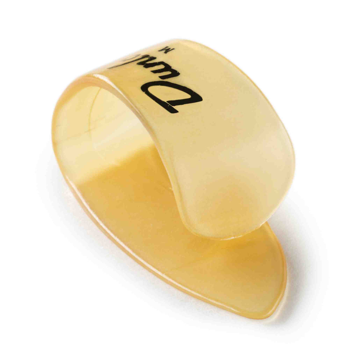 The image shows a translucent amber guitar thumb pick with black text. It features a wraparound design that fits over the thumb, with a curved band and an extended picking surface. Commonly used in fingerpicking, bluegrass, and country music, this pick allows the thumb to play bass notes while freeing other fingers for melody and harmony. The amber color is a classic look for this style of pick.