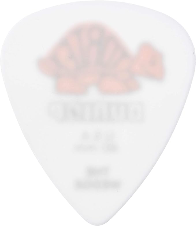 The image shows a white or light-colored guitar pick with a pinkish floral or decorative design. It has the classic teardrop shape with a rounded top and pointed bottom, commonly used by musicians to pluck or strum guitar strings. The decorative pattern adds a personalized touch to this standard guitar accessory.