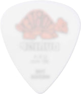 The image shows a white or light-colored guitar pick with a pinkish floral or decorative design. It has the classic teardrop shape with a rounded top and pointed bottom, commonly used by musicians to pluck or strum guitar strings. The decorative pattern adds a personalized touch to this standard guitar accessory.