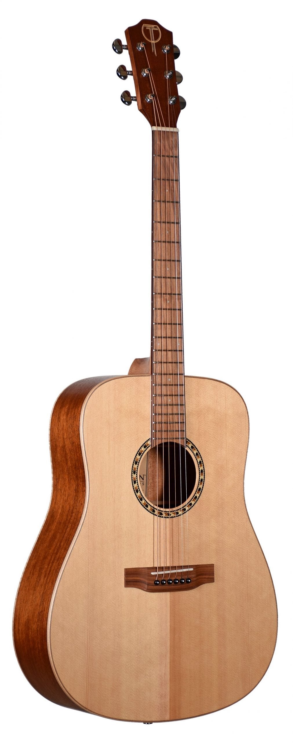 The image shows a dreadnought-style acoustic guitar with a natural wood top and darker back and sides. It features six steel strings, chrome tuning pegs, a decorative rosette around the sound hole, and a fretted neck with dot position markers. The headstock has a partially visible logo. This guitar’s design offers balanced tone and volume, suitable for various styles like folk, rock, and fingerstyle playing.