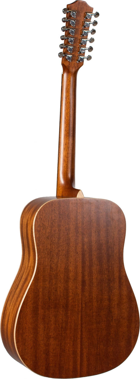 The image shows the back view of a 12-string acoustic guitar with a dreadnought-style body. It features a headstock with 12 tuning pegs in two rows, natural wood finish with visible grain, light-colored binding around the edges, and solid wood construction. The guitar’s design is traditional, crafted for a richer, fuller sound from its double-string configuration.