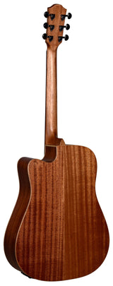 The image shows the back of an acoustic guitar with a warm brown natural wood grain finish. It features a headstock with six black tuning pegs in a 3+3 layout, a long wooden neck, and a cutaway body for easier access to higher frets. The polished surface highlights the attractive wood grain, likely mahogany, indicating a quality mid to high-end instrument suitable for various playing styles.