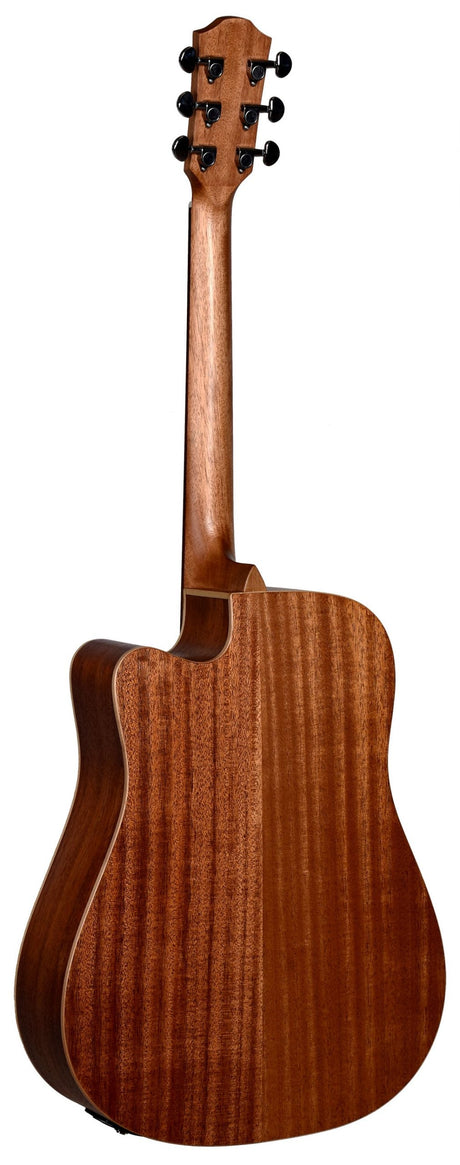 The image shows the back of an acoustic guitar with a warm brown natural wood grain finish. It features a headstock with six black tuning pegs in a 3+3 layout, a long wooden neck, and a cutaway body for easier access to higher frets. The polished surface highlights the attractive wood grain, likely mahogany, indicating a quality mid to high-end instrument suitable for various playing styles.
