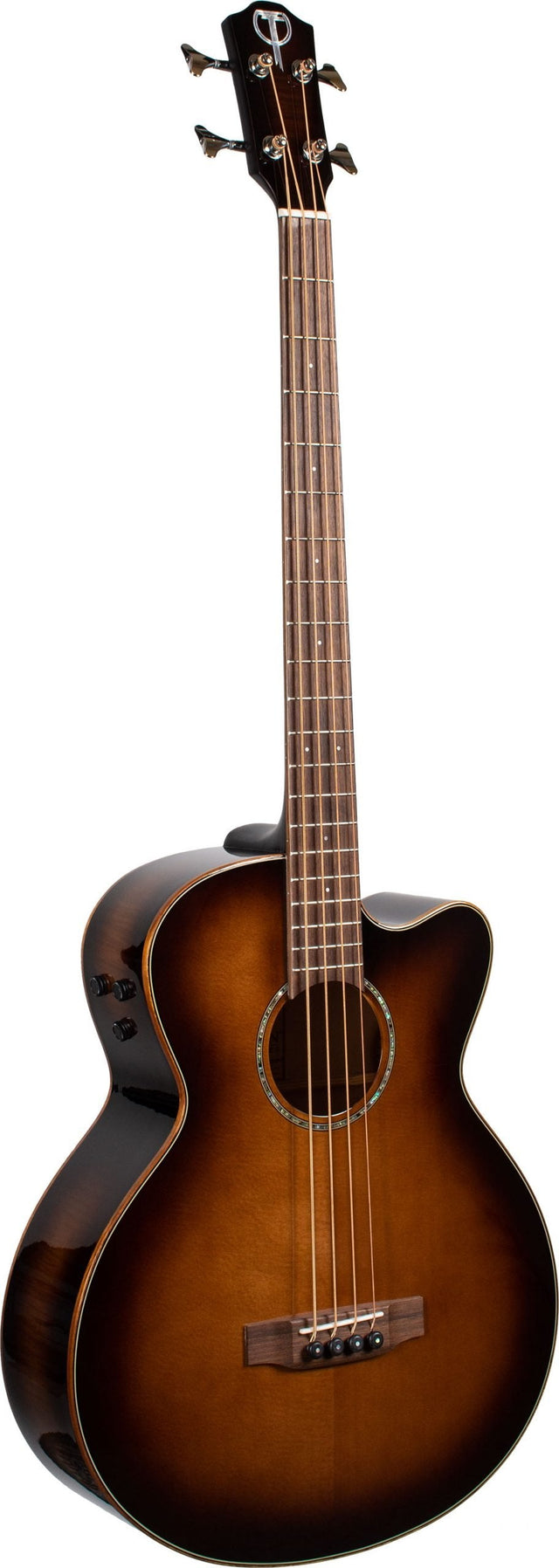 The image shows a 4-string acoustic-electric bass guitar with a cutaway sunburst body, rosewood fretboard, and chrome tuning pegs. It features a round sound hole with a decorative rosette, visible control knobs, and a fixed bridge with individual saddles. This versatile instrument combines acoustic warmth with electric amplification, suitable for genres like folk, jazz, and country.