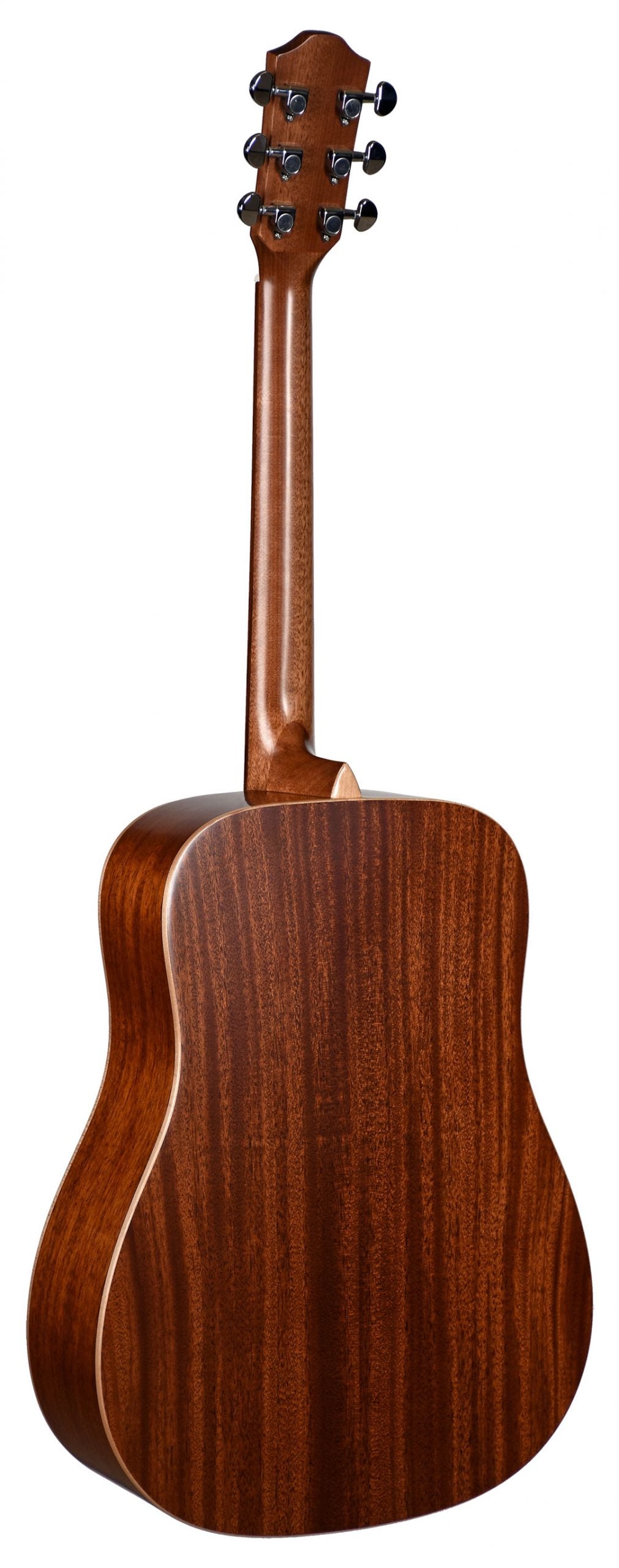 The image shows the back and side view of an acoustic guitar with rich brown wood featuring distinct grain patterns, likely mahogany. It has a clean finish, a dreadnought-style body, and binding around the edges. The headstock has six chrome or nickel tuning pegs in a 3+3 layout. The guitar’s design and hardware suggest quality craftsmanship, suitable for beginner to intermediate players.
