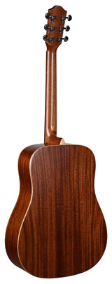 The image shows the back and side view of an acoustic guitar with rich brown wood featuring distinct grain patterns, likely mahogany. It has a clean finish, a dreadnought-style body, and binding around the edges. The headstock has six chrome or nickel tuning pegs in a 3+3 layout. The guitar’s design and hardware suggest quality craftsmanship, suitable for beginner to intermediate players.