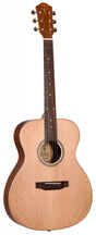 The image shows a Teton steel-string acoustic guitar with a natural wood finish. It features a Grand Auditorium or Orchestra body style, a light spruce top, darker mahogany-like back and sides, and a rich brown headstock with the Teton logo. It has chrome tuning pegs, a dark wood bridge, a rosewood fretboard with inlays, decorative binding, and steel strings, making it a well-crafted guitar suitable for various music styles.