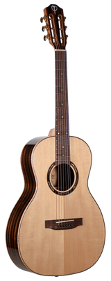 The image shows a classical acoustic guitar with a wooden body, a light-colored top, and darker sides. It has six strings, a rosette around the sound hole, tuning pegs on the headstock, and fret markers on the neck. This stringed instrument is commonly used to play various music genres.