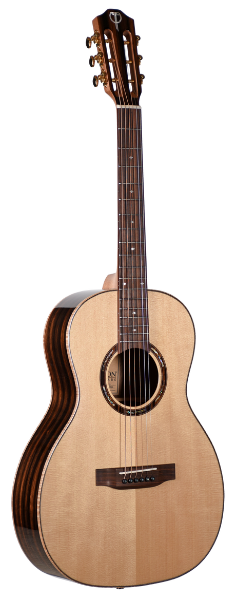 The image shows a classical acoustic guitar with a wooden body, a light-colored top, and darker sides. It has six strings, a rosette around the sound hole, tuning pegs on the headstock, and fret markers on the neck. This stringed instrument is commonly used to play various music genres.