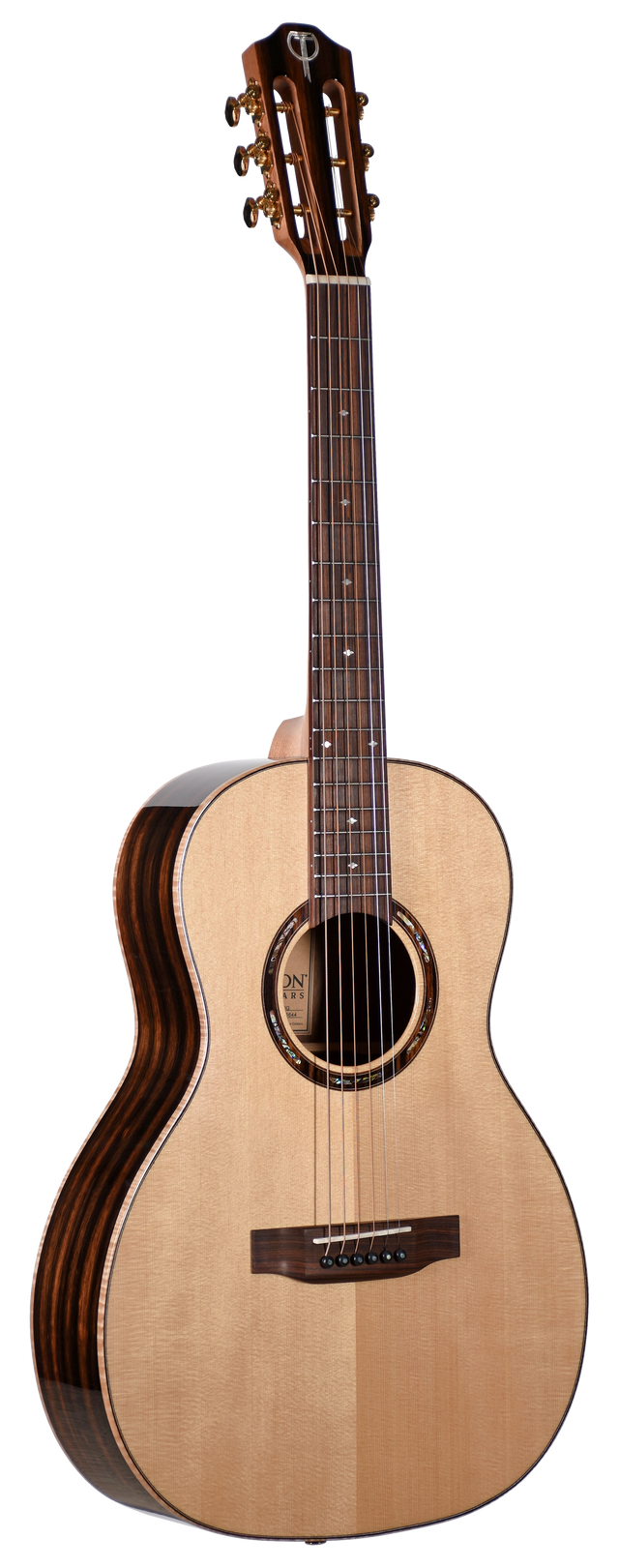 The image shows a classical acoustic guitar with a wooden body, a light-colored top, and darker sides. It has six strings, a rosette around the sound hole, tuning pegs on the headstock, and fret markers on the neck. This stringed instrument is commonly used to play various music genres.