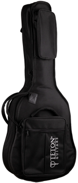 The image shows a black padded gig bag from Teton Guitars designed for acoustic or electric guitars. It features durable fabric, multiple compartments, a front pocket with the TETON GUITARS logo, backpack-style straps, a top handle, and secure zippers. This lightweight, protective soft case is ideal for guitarists needing safe, portable instrument transport.