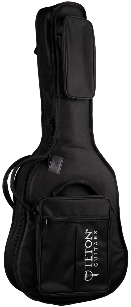 The image shows a black padded gig bag from Teton Guitars designed for acoustic or electric guitars. It features durable fabric, multiple compartments, a front pocket with the TETON GUITARS logo, backpack-style straps, a top handle, and secure zippers. This lightweight, protective soft case is ideal for guitarists needing safe, portable instrument transport.