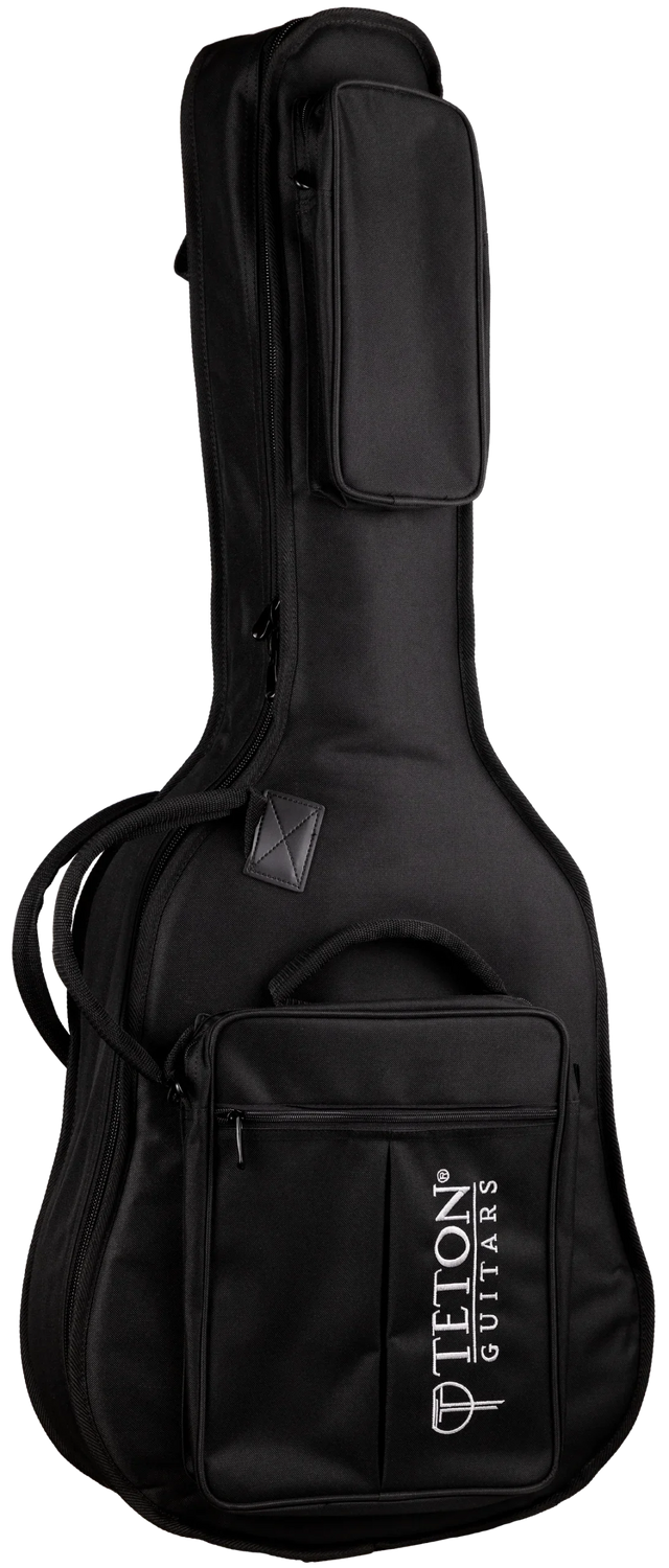 The image shows a black padded gig bag from Teton Guitars designed for acoustic or electric guitars. It features durable fabric, multiple compartments, a front pocket with the TETON GUITARS logo, backpack-style straps, a top handle, and secure zippers. This lightweight, protective soft case is ideal for guitarists needing safe, portable instrument transport.