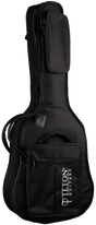 The image shows a black padded gig bag from Teton Guitars designed for acoustic or electric guitars. It features durable fabric, multiple compartments, a front pocket with the TETON GUITARS logo, backpack-style straps, a top handle, and secure zippers. This lightweight, protective soft case is ideal for guitarists needing safe, portable instrument transport.