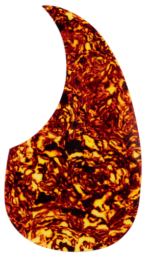 The image shows a teardrop-shaped guitar pickguard with a tortoiseshell pattern in amber, brown, and golden yellow swirls. Common on acoustic guitars, especially dreadnoughts, it protects the guitar’s top from pick scratches while adding visual appeal. Made from materials like celluloid or plastic, this pickguard mimics traditional tortoiseshell and is often replaceable for customization or replacement.