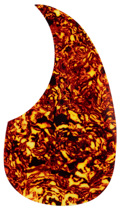 The image shows a teardrop-shaped guitar pickguard with a tortoiseshell pattern in amber, brown, and golden yellow swirls. Common on acoustic guitars, especially dreadnoughts, it protects the guitar’s top from pick scratches while adding visual appeal. Made from materials like celluloid or plastic, this pickguard mimics traditional tortoiseshell and is often replaceable for customization or replacement.