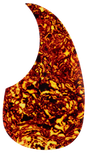 The image shows a teardrop-shaped guitar pickguard with a tortoiseshell pattern in amber, brown, and golden yellow swirls. Common on acoustic guitars, especially dreadnoughts, it protects the guitar’s top from pick scratches while adding visual appeal. Made from materials like celluloid or plastic, this pickguard mimics traditional tortoiseshell and is often replaceable for customization or replacement.