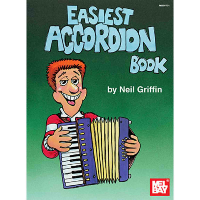The cover of a book called "Easiest Accordion Book" featuring a cartoon man playing an accordion with a green background. 