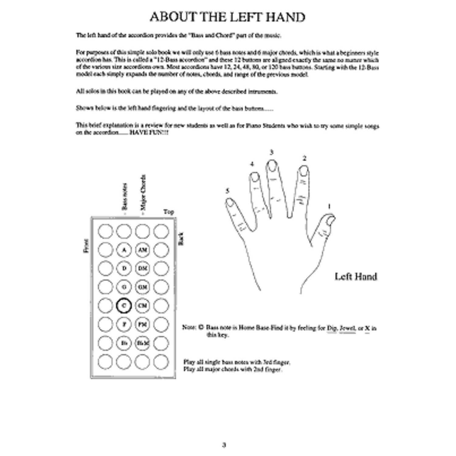 A sheet music page titled "About the left hand" with instructions on how to play the accordion. 
