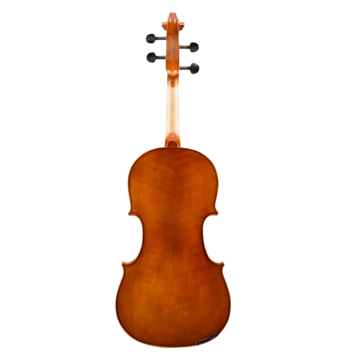 The image shows the back view of a classic violin with a figure-8 shaped body, warm reddish-brown wood grain finish, and an amber varnish. The neck extends upward to a headstock featuring four black tuning pegs and a curved scroll. A black chinrest is visible at the bottom. The violin is photographed against a white background, highlighting its traditional craftsmanship and elegant curves.