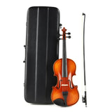 The image shows a complete violin set featuring an amber-orange violin with classic f-holes, bridge, tailpiece, and four tuning pegs. It includes a light-colored bow with a black grip and metal frog, and a black hard case with metal latches. This student or intermediate-level outfit showcases traditional construction and is designed as a starter package for beginner or advancing players.