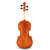 The image shows the back view of a full-size violin with a figure-8 shaped wooden body featuring characteristic C-bouts, a warm reddish-brown varnish, and visible wood grain on the maple back plate. The neck extends upward to a carved scroll, with four black tuning pegs for string adjustment. Set against a white background, the violin displays quality craftsmanship typical of an acoustic instrument.