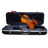 The image shows a classic amber-colored violin with curved body, f-holes, and bridge, resting in a black hard shell case lined with dark blue fabric. The case has metal latches, a handle, and custom compartments securely holding the violin and a bow. This professional-quality setup is typical for students or musicians, highlighting a key product in the string instrument category.