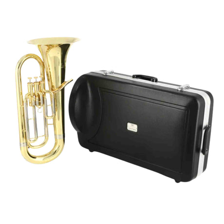 The image shows a brass euphonium or baritone horn with a golden finish, featuring four valves and a conical bore with an upright bell. Next to it is a black hard carrying case with metal latches and a molded, cushioned interior for secure storage and transport. This setup is ideal for brass musicians, combining a quality instrument with professional protection.
