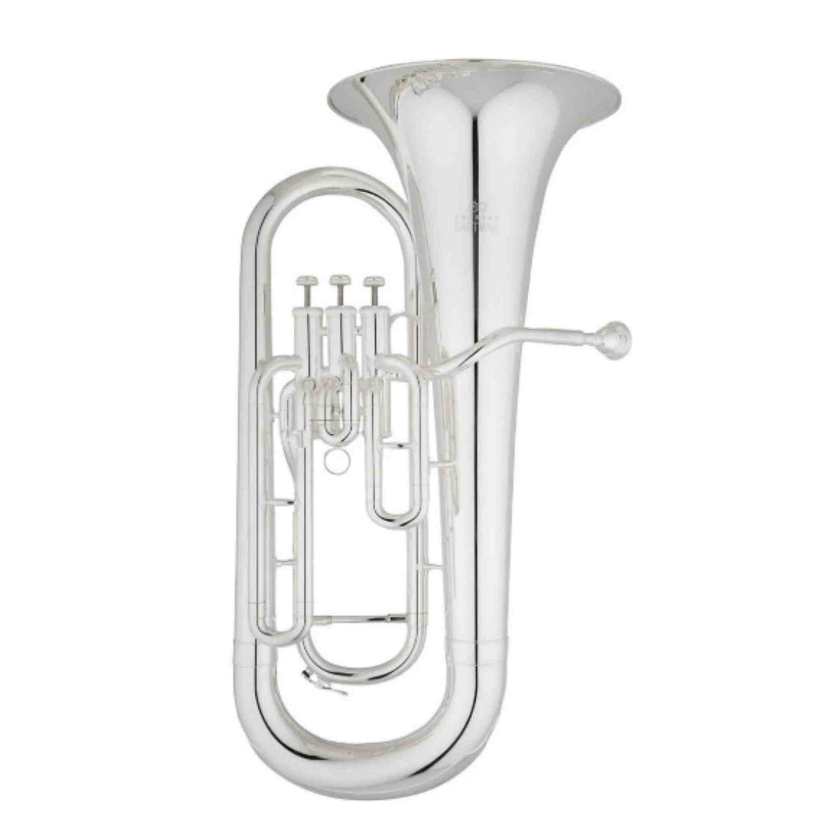 The image shows a silver-plated euphonium, a mid-sized brass instrument with three or four piston valves, a conical bore, and a large flared bell. It features curved tubing and a side grip for holding. Commonly used in concert, brass, and military bands, the euphonium produces a warm, mellow tone in the tenor/baritone range. This model appears to be suitable for students or intermediate players.