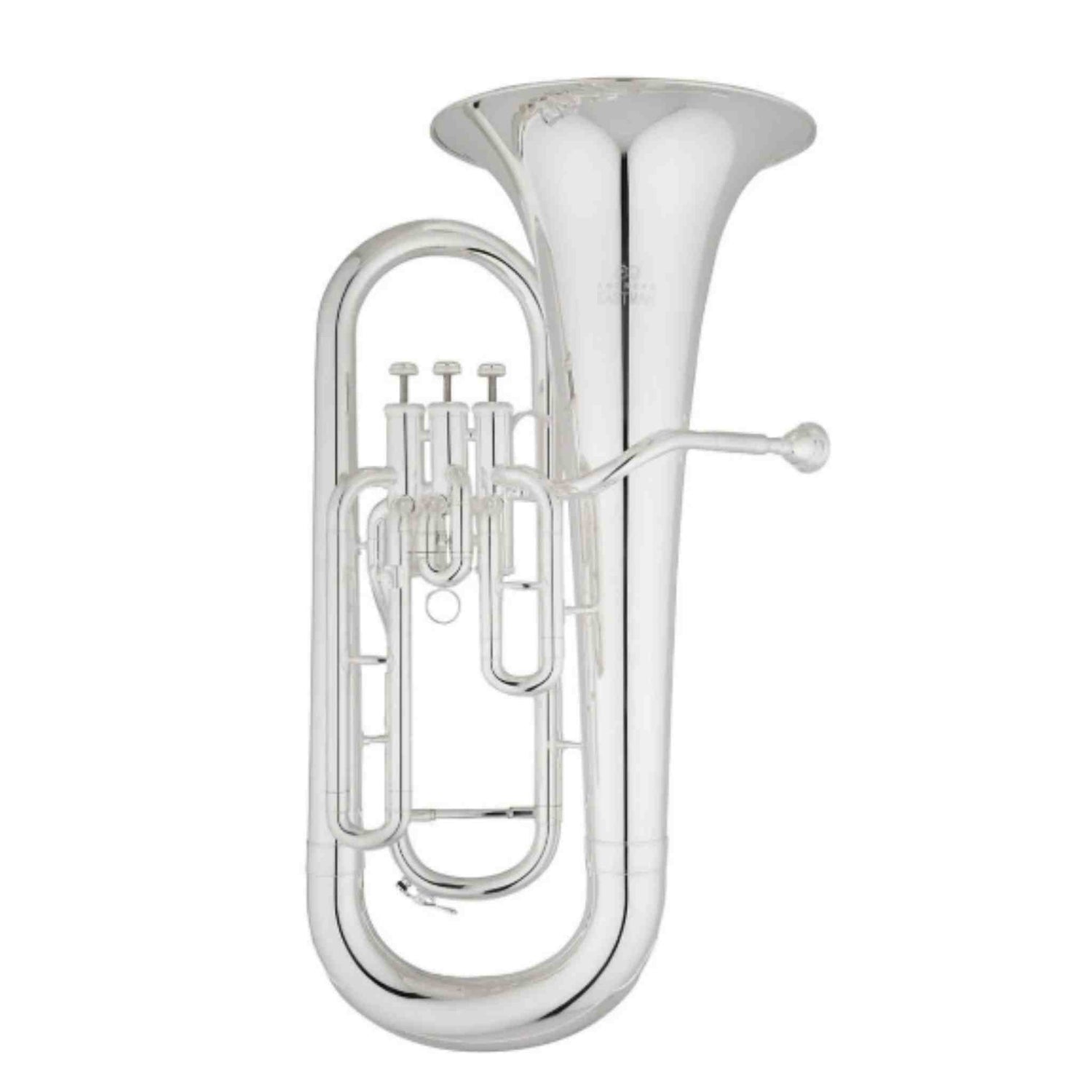 The image shows a silver-plated euphonium, a mid-sized brass instrument with three or four piston valves, a conical bore, and a large flared bell. It features curved tubing and a side grip for holding. Commonly used in concert, brass, and military bands, the euphonium produces a warm, mellow tone in the tenor/baritone range. This model appears to be suitable for students or intermediate players.