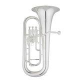 The image shows a silver-plated euphonium, a mid-sized brass instrument with three or four piston valves, a conical bore, and a large flared bell. It features curved tubing and a side grip for holding. Commonly used in concert, brass, and military bands, the euphonium produces a warm, mellow tone in the tenor/baritone range. This model appears to be suitable for students or intermediate players.