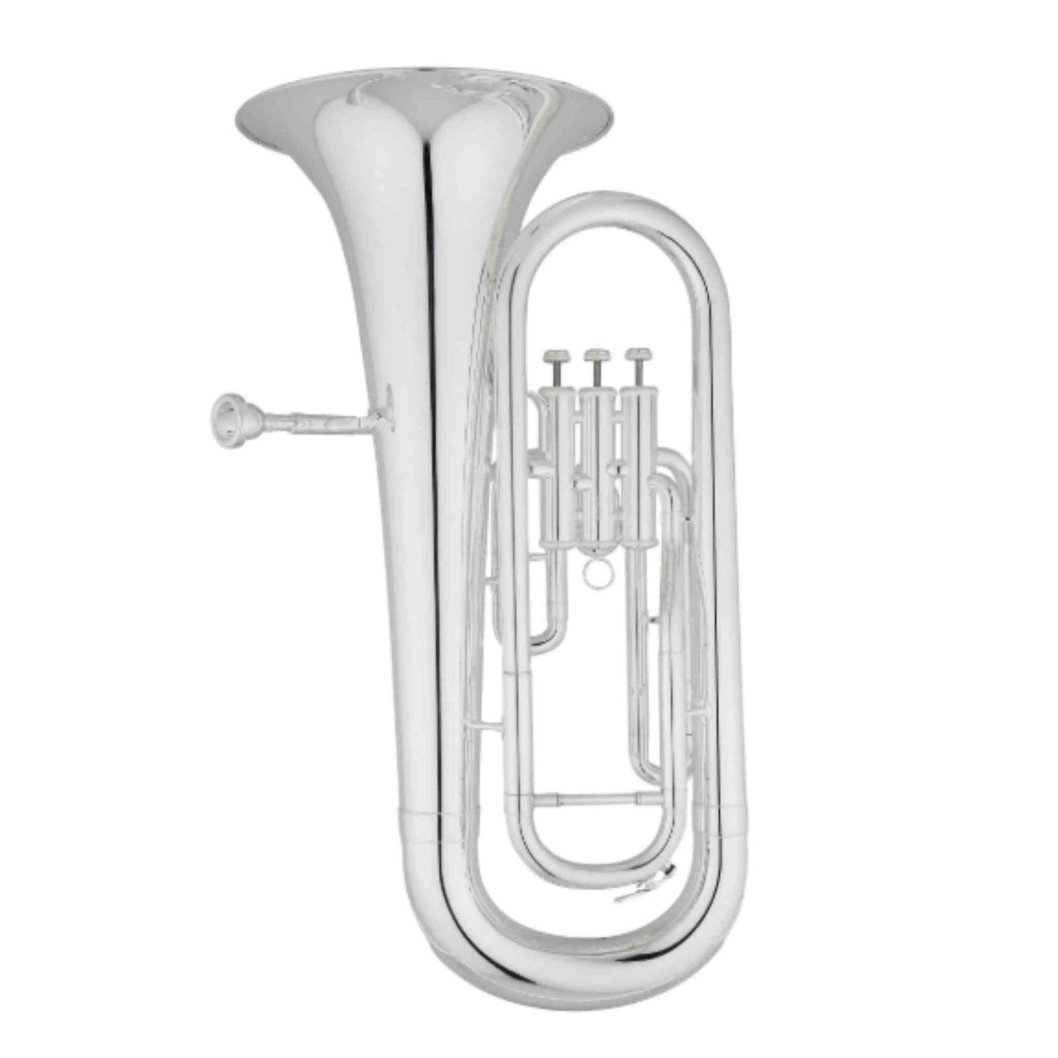 The image shows a silver-finished tuba, a large brass wind instrument with the lowest pitch in its family. It features a large upward-facing bell, three piston valves, coiled tubing, and a mouthpiece receiver. This concert-style tuba, likely 3/4 or 4/4 size, is designed for orchestral use, providing the bass foundation in ensembles such as orchestras and concert bands.