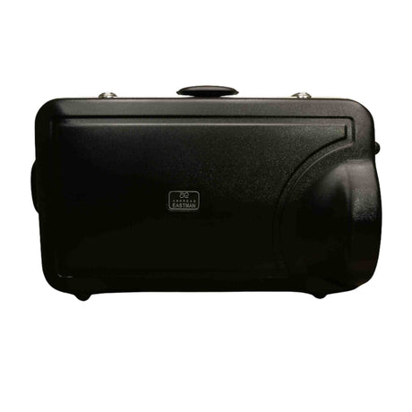 The image shows a black hard-shell instrument case by Eastman, likely molded plastic or fiberglass. It features a sleek curved design, metal latches, a carrying handle, and durable, weather-resistant construction. Based on its size and shape, it may hold a trumpet, cornet, or similar brass or woodwind instrument. Eastman is a recognized music brand known for instruments and accessories.