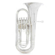 The image shows a silver-plated concert tuba with a large flared bell, four piston valves, and extensive tubing in the typical upright configuration. It includes a mouthpiece receiver and is likely a BB♭ or CC model, common for orchestras and bands. The bright reflective finish indicates it is a professional or semi-professional quality brass instrument, known for its low pitch and bass role in ensembles.